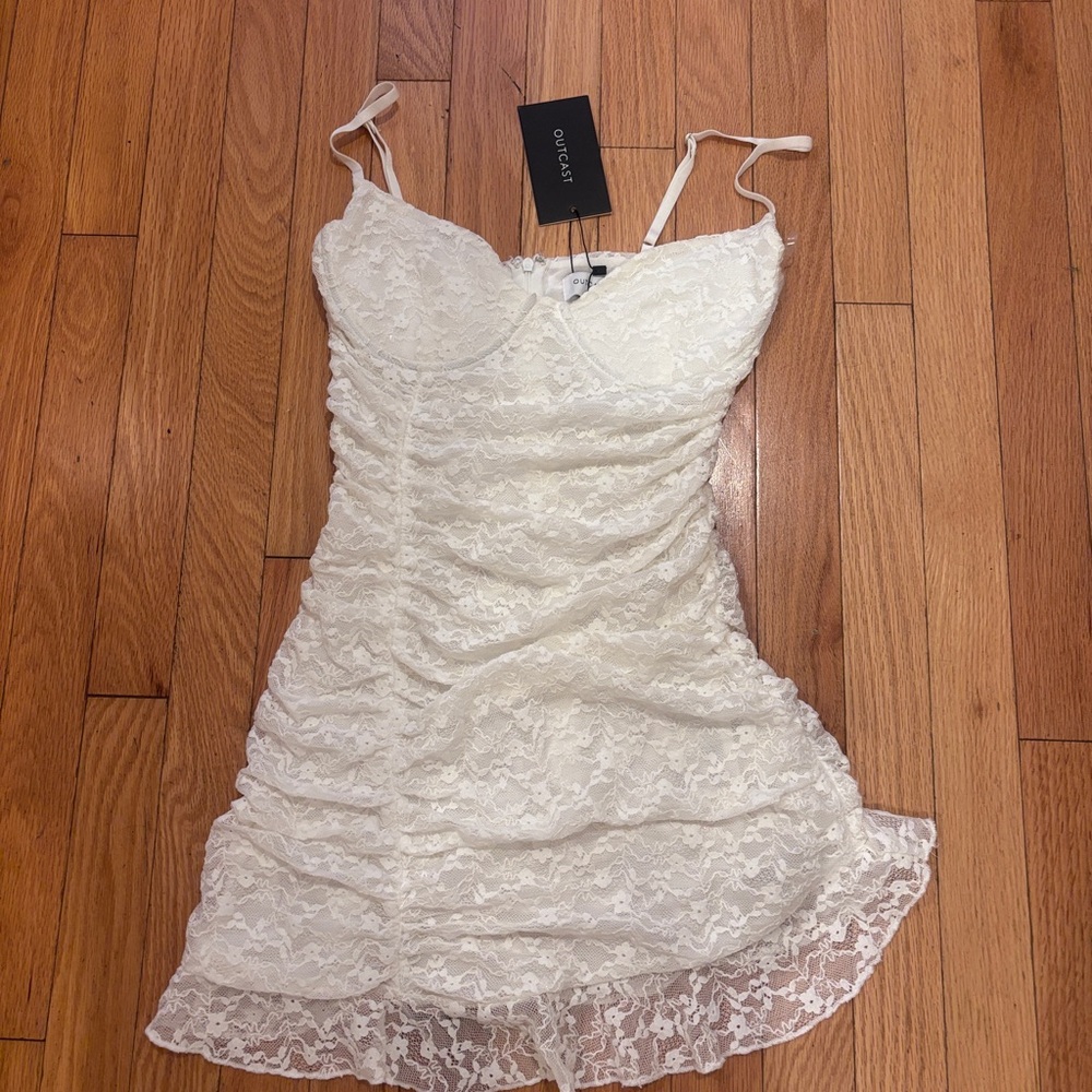 Cream Asymmetrical Ruched Spaghetti Strap Mini Dress